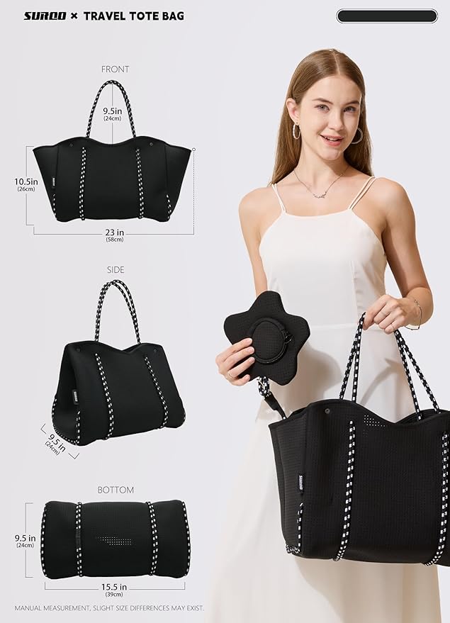 Neoprene Tote Bag for Women, Large Travel Beach Bag with Detachable Pouch, Stylish Lightweight Everyday Carryall
