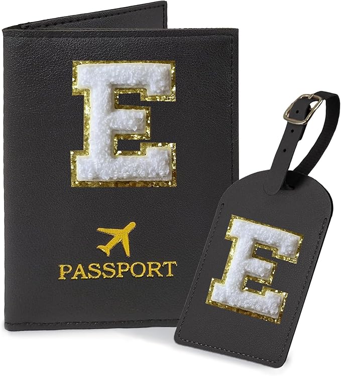 COSHAYSOO Black Passport Cover and Luggage Tag Set TSA Approved with Her Initial Chenille Letter Patch for Big Little Girls Sister Daughter, Hawaii Travel Bag Backpack Suitcase Identifier (E)