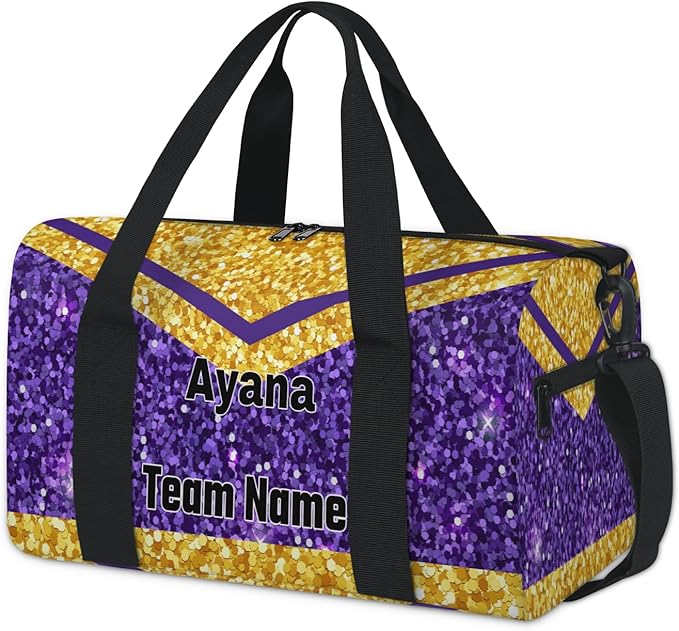 Personalized Cheerleaders' Bag with Team Number, Custom Sport Duffel Weekender Workout Dance Bags for Travel, Gold Purple Sequins Glitter