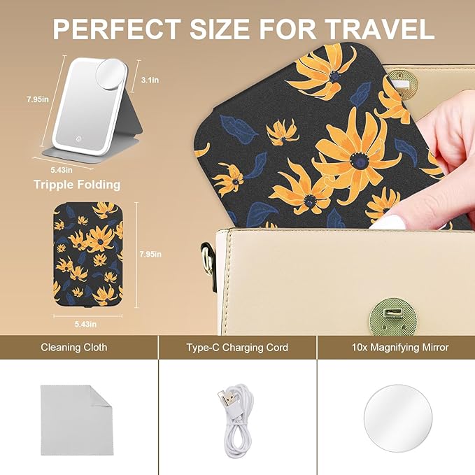 Mocado Travel Makeup Mirro with Lights, 360° Rotation Lighted Makeup Mirror, Portable Mirror with 10x Magnification, 60LEDs 3 Color Lightings, Dimmable Touch Screen, Tabletop Light up(Daisy)