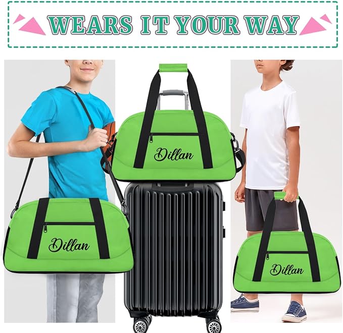 Custom Name Gym Duffel for Kids,Personalized Sports Bag Lightweight Gym Bags for Boys & Girls,Fitness Travel Weekender for Travel, and Workout Grass Green