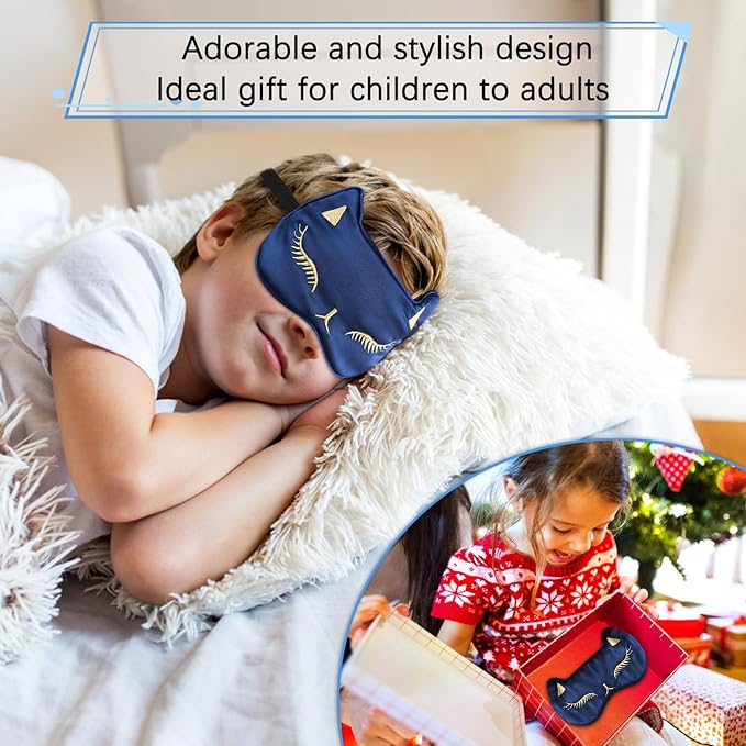 Cute Cat Silk Sleep Mask Adjustable Eye Masks Sleeping Mask Eye Cover Soft Satin Blindfold for Girls Women Men Travel Nap - Navy Blue