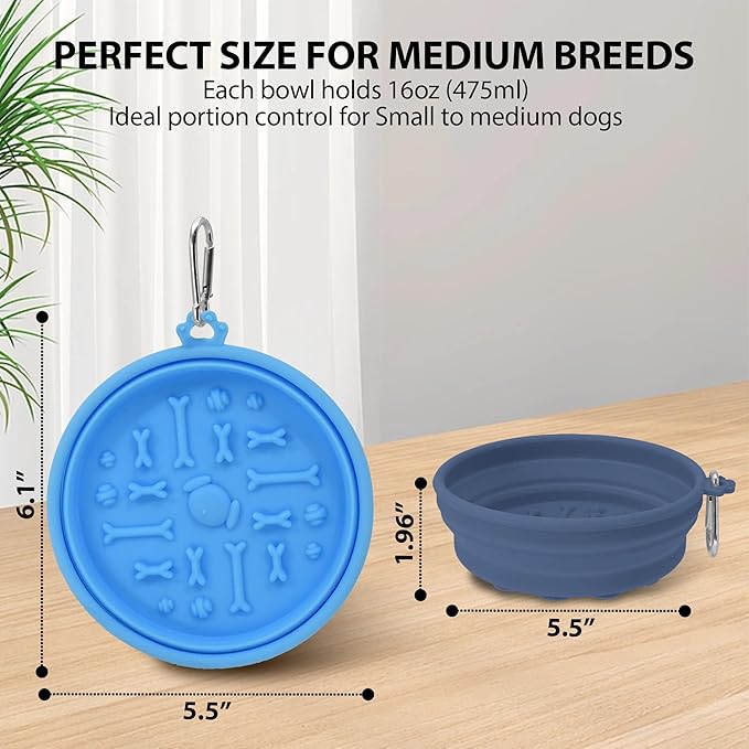 2-Pack Collapsible Dog Bowls with Suction Cups & Scraper - 16oz Travel Pet Bowls for Food/Water, Non-Slip Feeding Dish for Dogs, Includes Carabiner Clip Blue&Grey