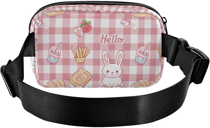 Kawaii Pink Checkered Bunny French Fries Fanny Pack for Women Men Water Resistant Fashion Waist Packs with Adjustable Strap Belt Bag for Travel Workout Jogging Hiking 21219121