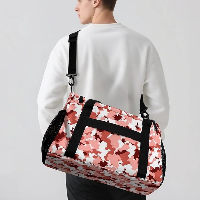 Personalized Sports Duffle Bags for Training, Red Camouflage Maroon Camo White Travel Bags with Adjustable Shoulder Strap, Custom Name Birthday Holiday Gift