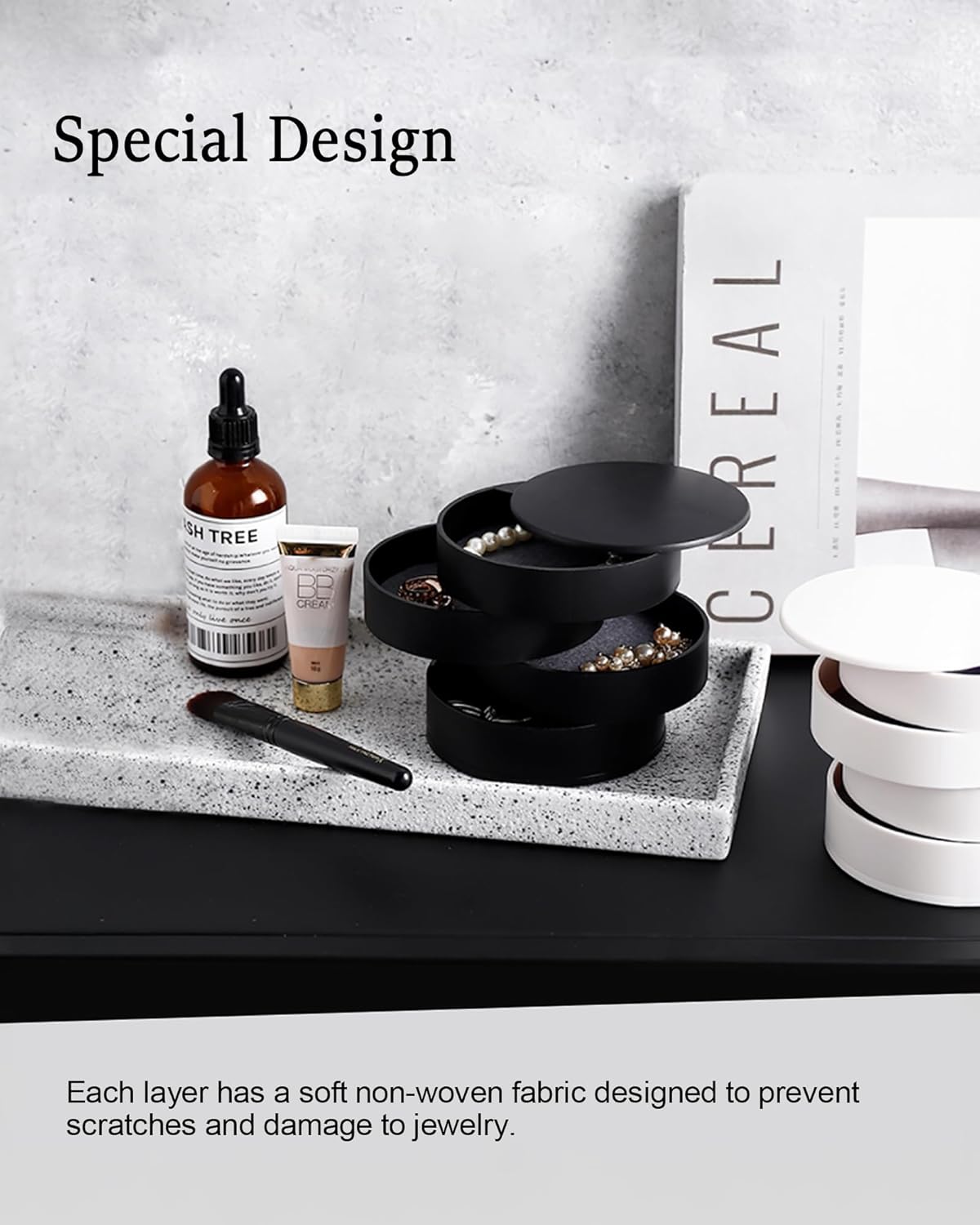 CONBOLA Jewelry Organizer, Small Jewelry Storage Box Earring Holder for Women, 5-Layer Rotating Travel Jewelry Tray Case with Lid for Bracelets Rings Bracelets(Black)