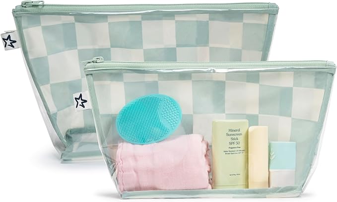 Tiny Twinkle Diaper Bag Organizing Pouches | 2 Pack Mess-Proof Travel Organizer Bags with Structured Bottom & Clear Front | TSA Approved Toiletry Bag Set for Baby and Mom Essentials (Sage Checkers)