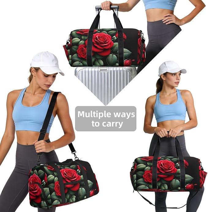 Vitality Rose Print Gym Bag with Shoe Compartment for Women Men, 17.7in Sports Duffle Weekender Tote, Overnight Travel Duffel Bag Carry On