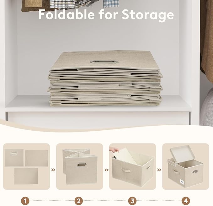 Lifewit Clothes Storage Bins with Lids, Fabric Foldable Storage Boxes with Handles, Decorative Closet Organizer, Stackable Cube Baskets Container for Bedroom, Office, 34.5L Large Beige, 2 Packs