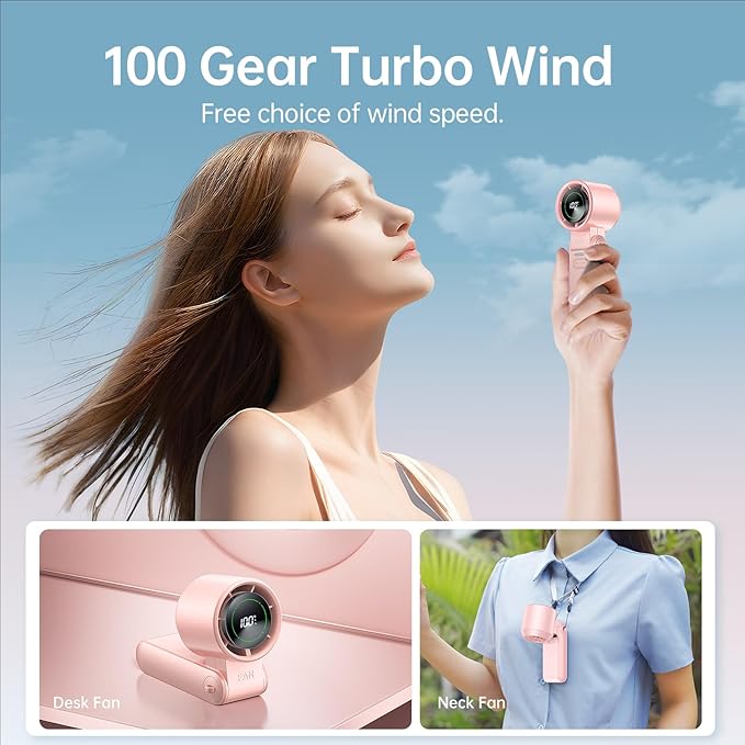 2 Pack Pink Portable Handheld Turbo Fan-100 Speeds, 13500 RPM, 12Hrs Cooling, Digital Display, USB Rechargeable Mini Hand Held Personal Fan for Travel Makeup Outdoor Indoor