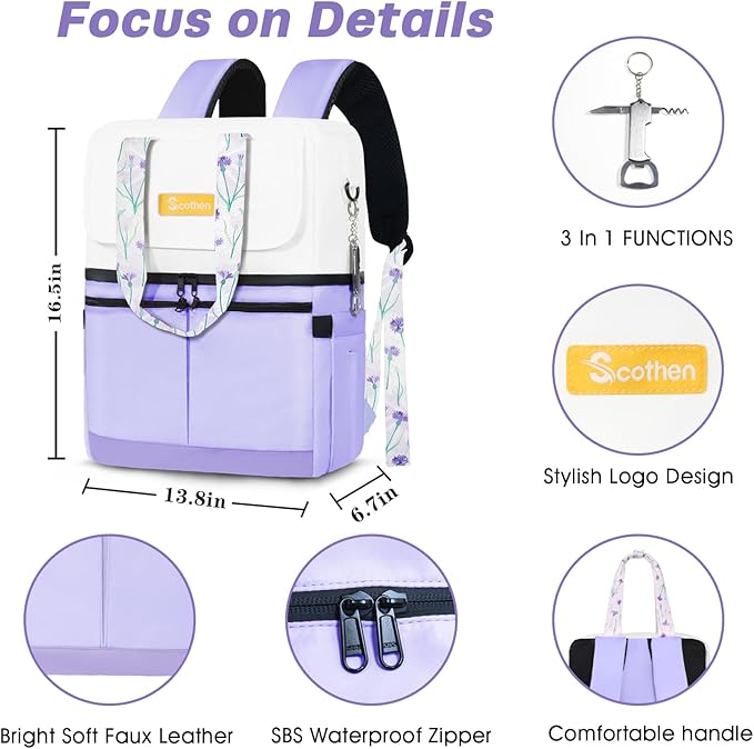 Backpack Cooler with Double Decker & 12 Ice Packs- Keeps 36 Cans Cold for Up to 24 Hours- Waterproof & Leak Proof Insulated Cooler Backpack- Stylish Cooler Bookbag for Women Travel Work Beach