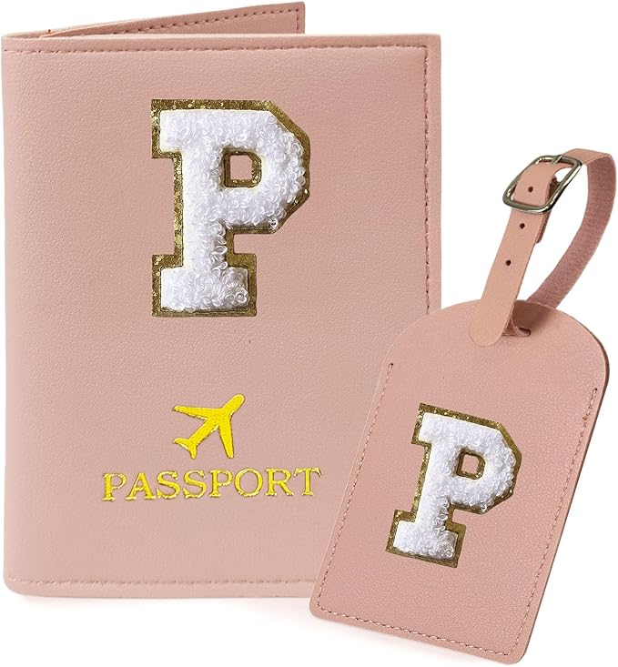 COSHAYSOO Passport Cover and Initial Luggage Tag Set with Preppy Chenille Letter Patch, Trendy Traveling Bag Backpack Suitcase Identifier Stocking Stuffer Gifts for Women Girls Pink P
