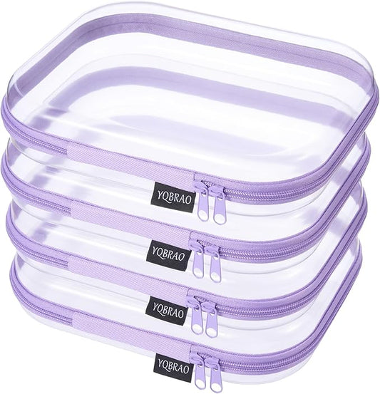 YQBRA 4 Pack Clear Hard Shell Zipper Case, See-Through Hard Plastic Organizer Pouches with Zipper for Travel, Toiletries, Makeup, Toy, Electronics & Pencils - Crush-Resistant Storage (M Purple)