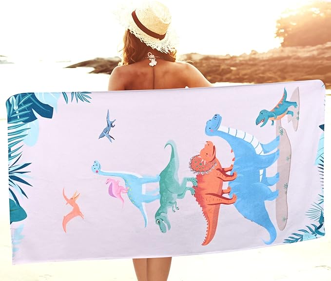 LIVILAN Small Dinosaur Beach Towel for Kids, 24”x48”, Microfiber, Quick Dry, Sand Free, Lightweight, Thin, Perfect for Girls, Boys, Bath, Swim, Shower, Unique Dinosaur Gifts and Decorations