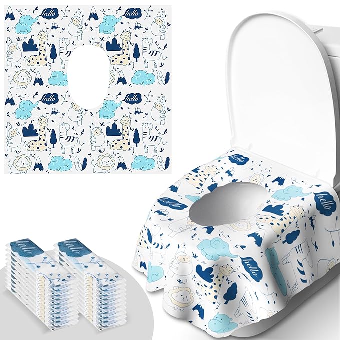 20 Pack Disposable Toilet Seat Covers - Extra Large, Individually Wrapped for Travel - Toddler Potty Training Seat Covers, Kids Travel Essentials for Airplane, Trip, Public Toilet (Animal-B)