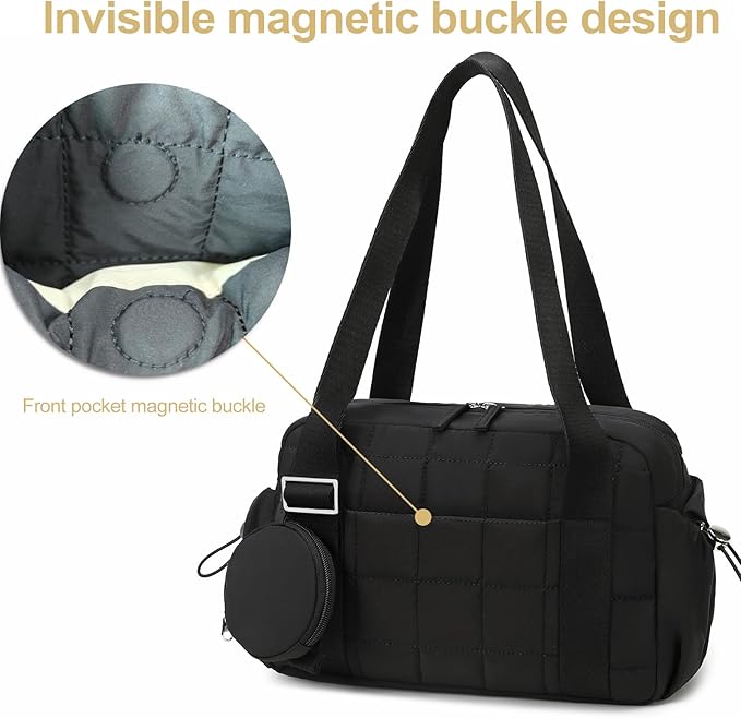 CAMTOP Mini Gym Bag for Women, Small Gym Tote Bag Puffy Quilted Sports Duffel Bag with Wet Compartment and Coin Purse Duffel Bags Dance Yoga Workout Bag for Gifts (All Black, Mini-12.6")
