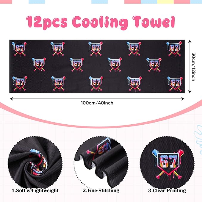 12 Pcs Six Seven Ice Cream Drip Cooling Towel 40"x12" Swim Pool Towel Cooling Baseball Softball Team Gift Youth Gift for Hot Weather Workout Gym Sport Party Favors(67 Baseball)