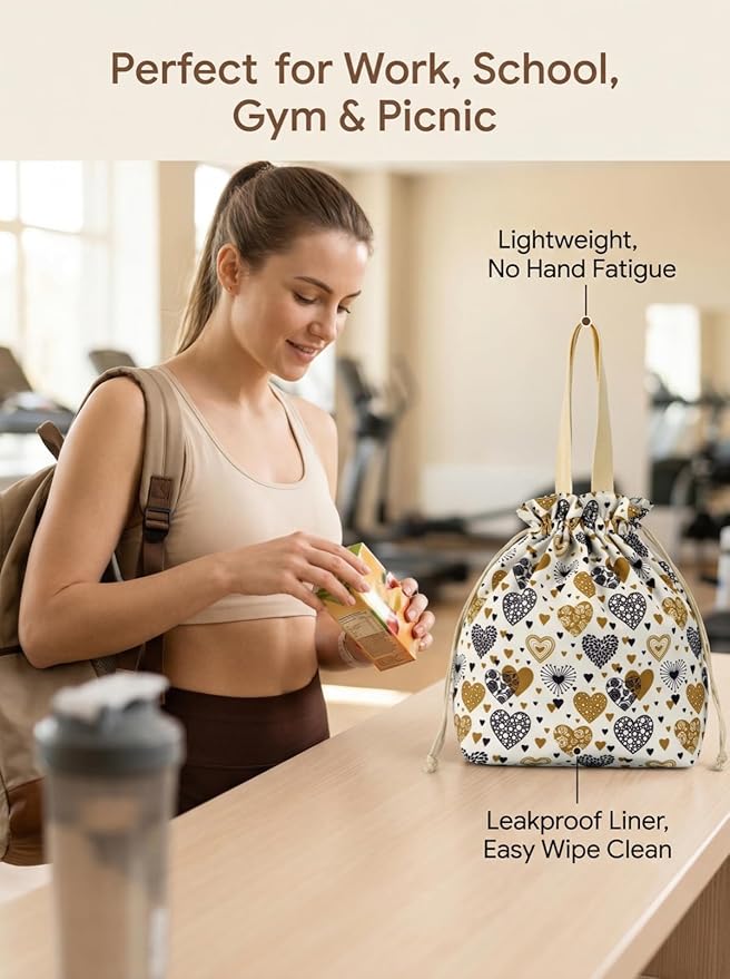 Reusable Small Lunch Bag,Drawstring Lunch Bag,Insulated Handbag Tote bag with Handle (Yellow)