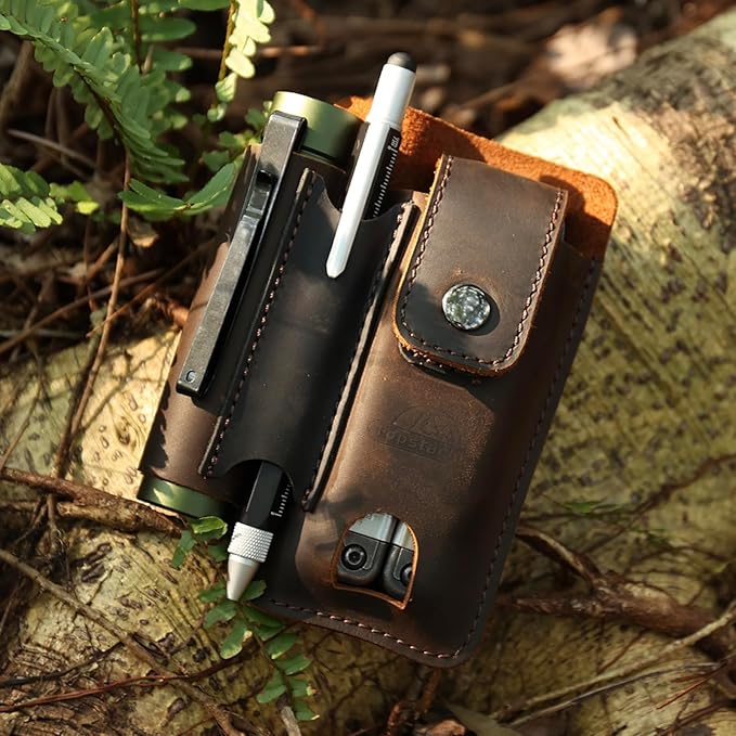 Topstache Leather Multitool Sheath - Multi Tool Holster with Belt Clip - EDC Belt Organizer Fits Multitool, Flashlight, Pen - Leather EDC Pouch Belt Holder Case with Closure Flap, Darkbrown