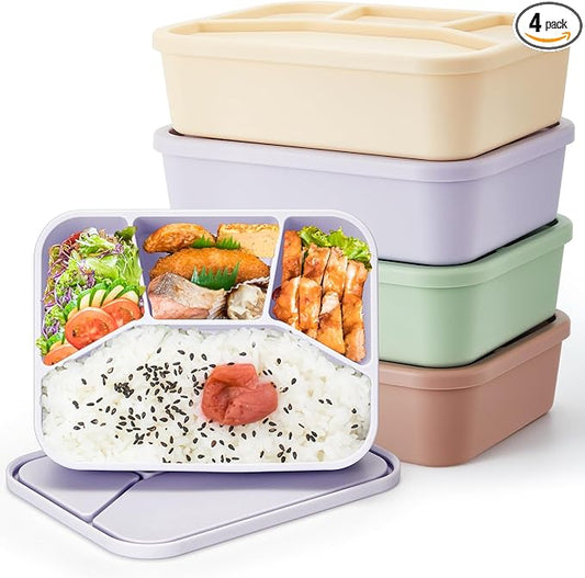 4 Pcs Silicone Bento Box Reusable Lunch Container Smooth Leak Proof Lunch Box Rectangle Bento Boxes for Adult Work Travel Food Meal Compartment Storage, 4 Colors (Light Color)