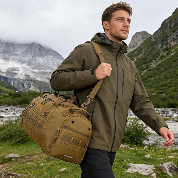 Gym Bag for Men Women 45L Sports Duffle Bag for Travel Tactical Military Duffel Bag with Shoe & Laptop Compartment Lightweight Medium Weekender Travel Bags for Fitness Training Workout, Brown