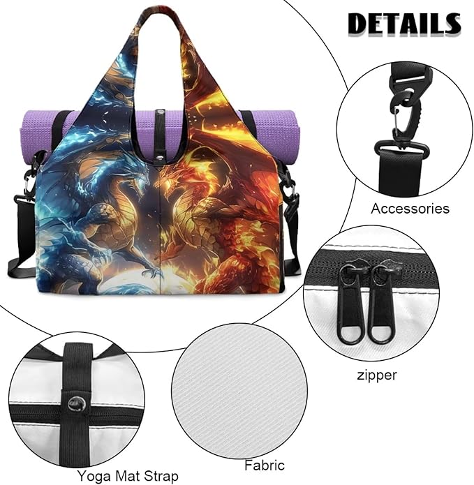 Novelty Sports Duffle Bag for Men Fire Dragon Gym Bag with Shoe Compartment Waterproof Large Capacity Sport Tote Bag with Adjustable Shoulder Strap Zipper Pockets,Yoga Mat Holder Bag