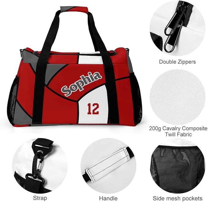 Custom Volleyball Red Duffel Bag with Name Personalized Travel Bags Sport Gym Bag Carry On Weekender Bags for Men Women