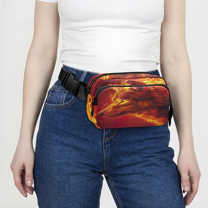 Fire Flame Wolf Head Fanny Pack for Women Men Water Resistant Fashion Waist Packs with Adjustable Strap Belt Bag for Travel Workout Jogging Hiking 21220171