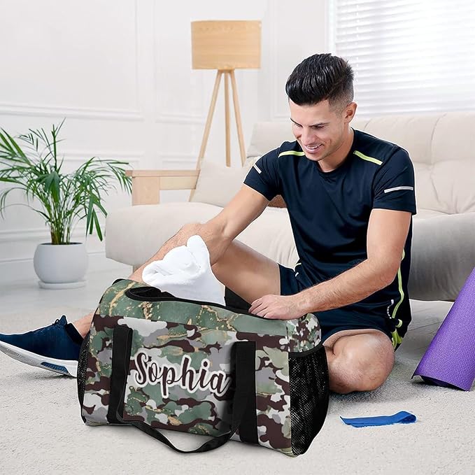 Personalized Green Camouflage Camo Pattern Duffle Bag with Name for Women Man Custom Multifunctional Travel Perform Training Bag Luggage Bag