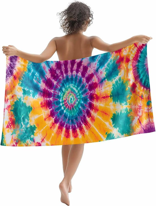 Abstract Tie-Dye Art Beach Towel 35" x 71" Purple Yellow Teal Watercolor Gradient Quick Dry Sand Free Pool Towels Soft & Absorbent Compact Towels Beach Accessories for Travel Bathroom Swimming Pool