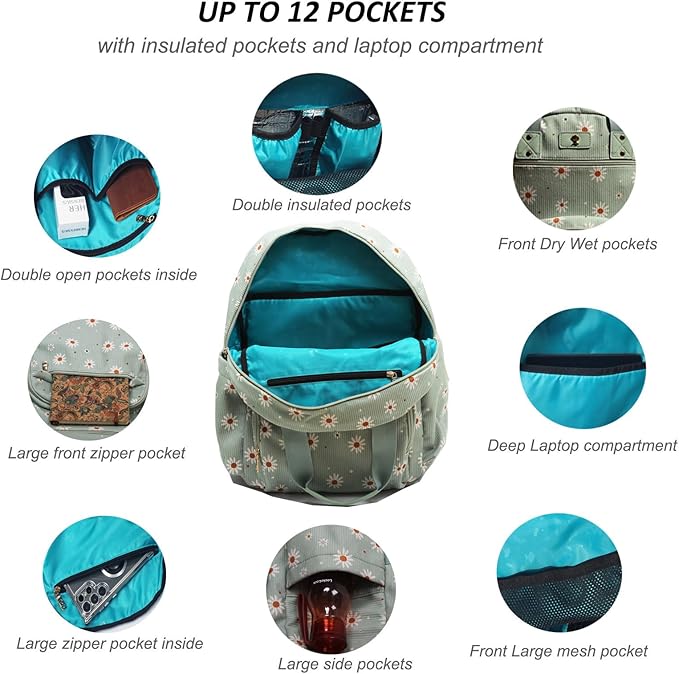 Diaper Bag Backpack, Large Capacity Multifunction Baby Essentials Fashion Travel Pack Linen Canvas office Laptop Bag (Corduroy Matcha Daisy)