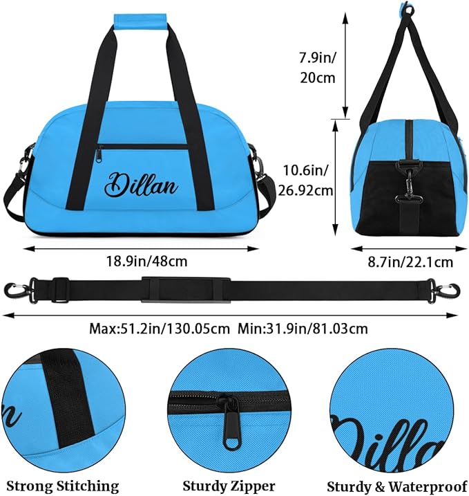 Custom Name Gym Duffel for Kids,Personalized Sports Bag Lightweight Gym Bags for Boys & Girls,Fitness Travel Weekender for Travel, and Workout Light Blue