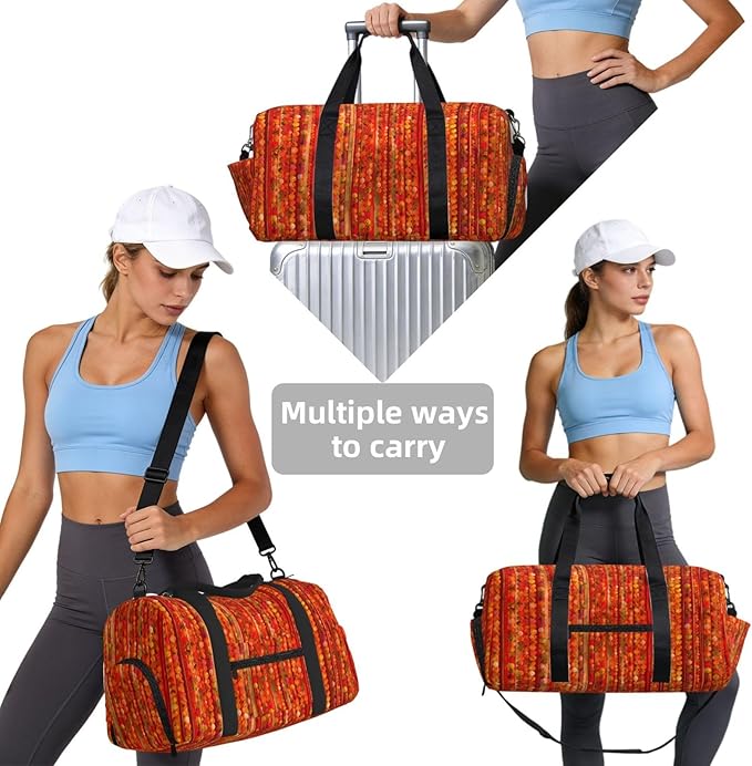 Red Gemstone Beads And Stripes Women'S Gym Duffle Bag With Shoes Compartment, Ideal For Travel, Gym, Sports, Duffel, Weekender