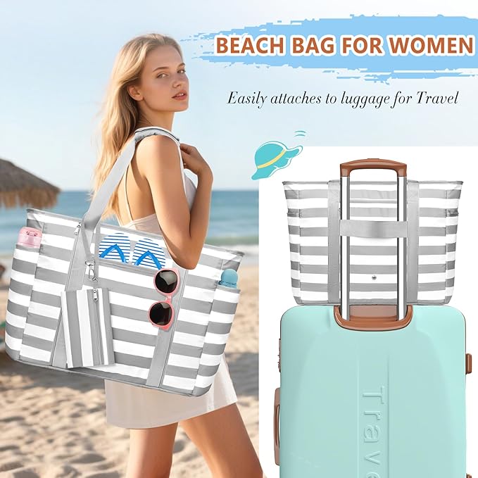 Extra Large Beach Bags for Women, Waterproof Sandproof Beach Tote Bag Foldable Swim Pool Bag with Zipper and Wet Pocket