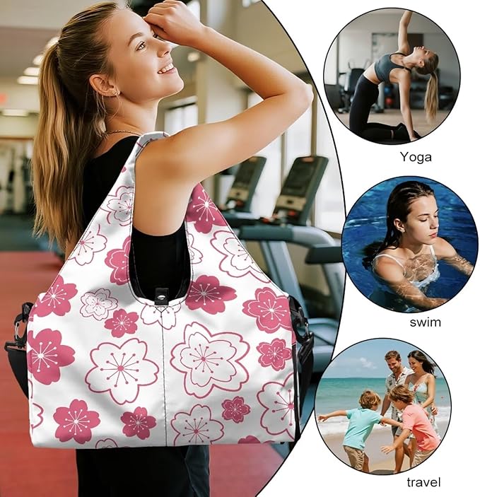 Pink Floral Workout Bag for Women with Yoga Mat Holder and Shoe Compartment Flower Gym Bag Water Resistant Gym Duffel for Swimming, Stylish Fitness Duffel Bag