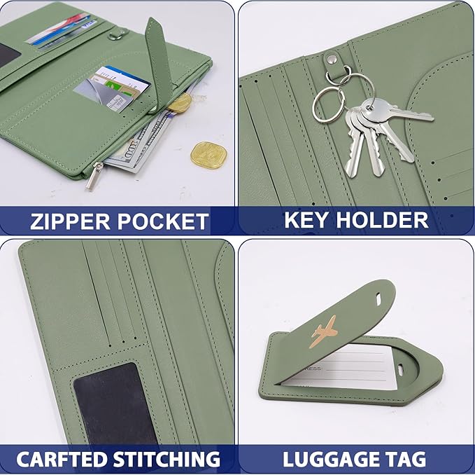 Deziliao Passport Wallet for Men and Women, Mulit-purpose RFID Blocking Passport Holder Travel Wallet, Passport and Vaccine Card Holder Combo, Travel Essentials Passport Cover Case（Moss Green）