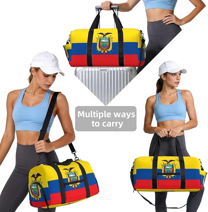 Flag of Ecuador Print Gym Bag with Shoe Compartment for Women Men, 17.7in Sports Duffle Weekender Tote, Overnight Travel Duffel Bag Carry On