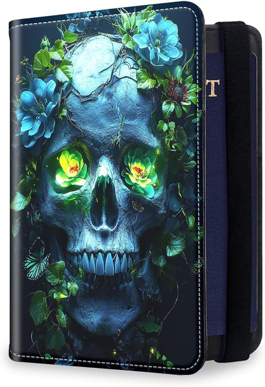 Passport Holder for Travel, RFID Blocking Passport Holder Travel Walle, Passport and Vaccine Card Holder, Vacation Must Haves Travel Accessories for Men Women, Skull Green Flowers