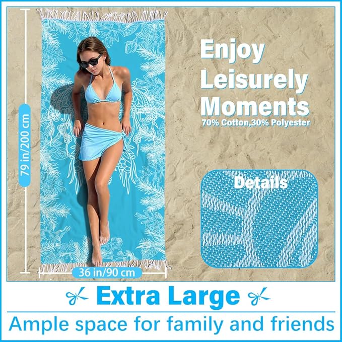 Thin Turkish Beach Towel Lightweight Soft Cotton Extra Large XL Oversized Sand Free Sandproof Absorbent Quick Dry Towels Cloud Bath Pool Travel Compact Essentials Accessories for Adult Gifts