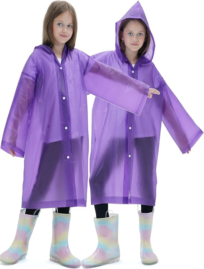 2 Pack Raincoats for Kids, Reusable Rain Ponchos with Hood and Sleeves Rain Coats for Boys and Girls
