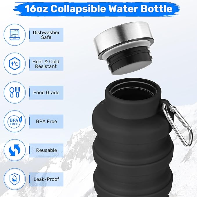 Collapsible Water Bottle, 16oz Portable Reusable Silicone Water Bottle, BPA-Free Leak-Proof Foldable Design with Carabiner, Lightweight Durable for Gym, Travel, Camping, Hiking, Sports, Light Blue