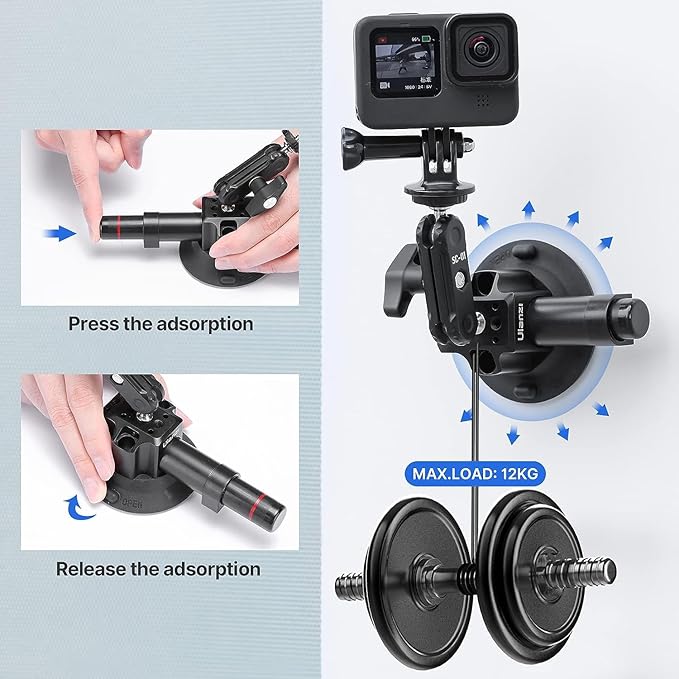 UURig SC-01 Suction Mount 3" for Vlogging Action Camera Car w Smartphone Clamp Compatible with DJI OSMO Pocket 3/OSMO 360/Insta 360 x5/Xtra/iPhone 17 16 15 14Pro Max, 1/4" Magic Arm Windshield Window