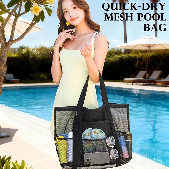 Mesh Beach Bag, Large Beach Tote with Zipper Pocket, Toys Pool Bag for Family Travel Vacation Cruise Essentials