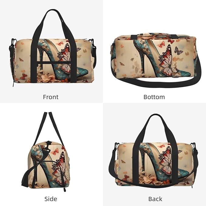 Sports Gym Bag Retro Art Butterfly Floral High Heel Travel Duffel Bag With Shoe Compartment Shoulder Strap, Lightweight Water-Resistant Weekend Overnight Totes For Women Men