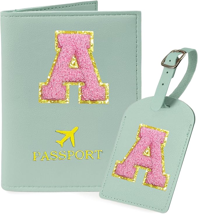 COSHAYSOO Initial Passport Cover Luggage Tag Set Letter Passport Holder Airplane Cruise Travel Essentials Vacation Traveling Accessories Personalized Gifts for Women Teen College Girls Teal A