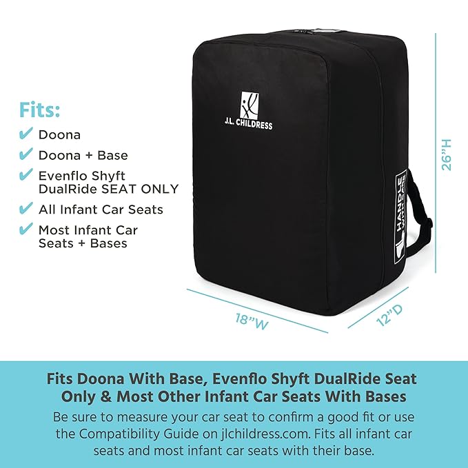 J.L. Childress Travel Bag for Doona & Evenflo Shyft Dualride - Travel Bag for Airplane, Fits Most Infant Car Seats, Airport Accessories for Gate or Baggage Check, AirTag Compatible - Elite, Black