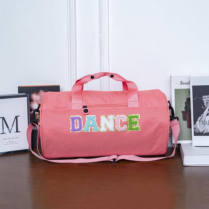 Large Size Dance Ballet Bag for Girls Toddler Teens,Dancing/Gymnastic/Cheer Kids Bag with Chenille Letters,Lightweight Spacious Toddler Duffle Sport Gym Overnight,16.5"Lx9"Wx9"H（Pink)