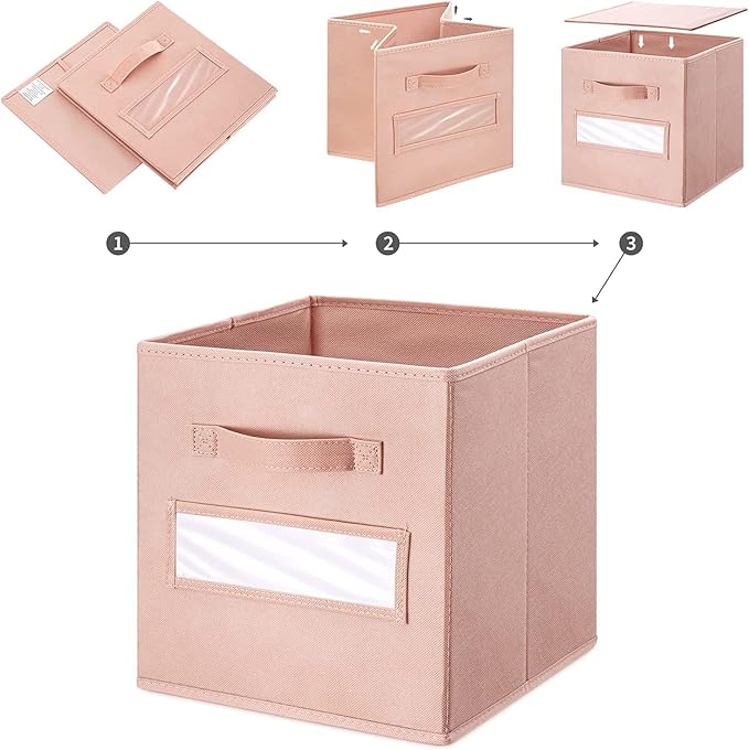 artsdi 13x13x13 storage cube bins(Set of 8) Fabric storage cubes with 8 Labels Window Cards & a Pen, storage cubes 13x13, Collapsible 13 inch cube storage bins, Cubby Boxes, Pink