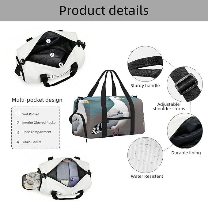 Cute seagull Print Gym Bag with Shoe Compartment for Women Men, 17.7in Sports Duffle Weekender Tote, Overnight Travel Duffel Bag Carry On
