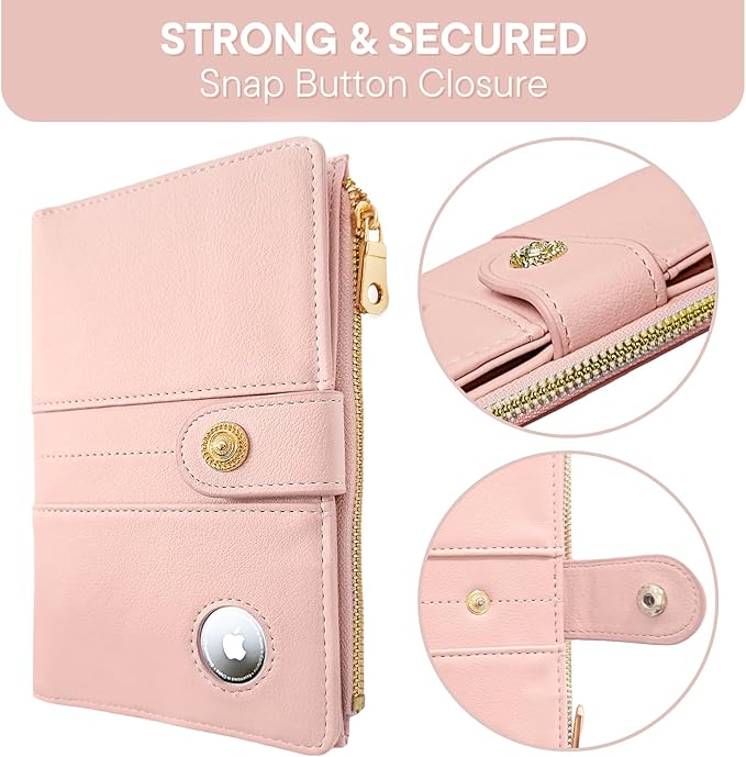 elzama Passport Holder with Airtag Slot for Travel Women, RFID Passport Wallet with Airtag Holder, Zipper Pocket Card Slots Pen Holder & Airtags Keychain (Air tag Not Included) Pink